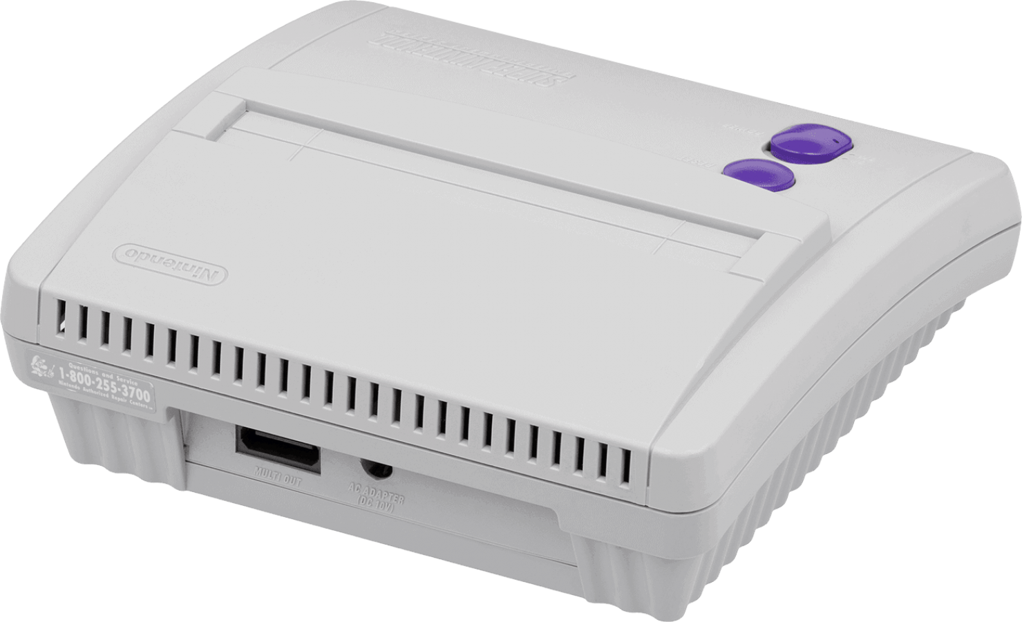 SNES Jr console inspired design featuring compact Super Nintendo entertainment system aesthetic redesigned retro gaming hardware streamlined console body classic 16 bit gaming nostalgia iconic Nintendo home console presentation angle back