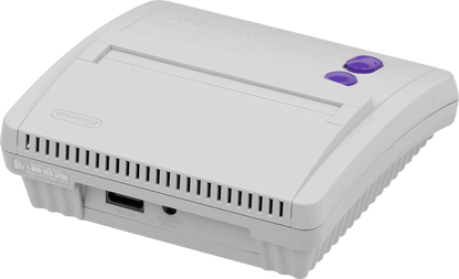 SNES Jr console inspired design featuring compact Super Nintendo entertainment system aesthetic redesigned retro gaming hardware streamlined console body classic 16 bit gaming nostalgia iconic Nintendo home console presentation angle back
