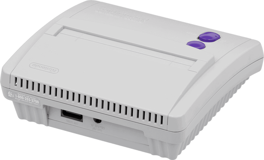 SNES Jr console inspired design featuring compact Super Nintendo entertainment system aesthetic redesigned retro gaming hardware streamlined console body classic 16 bit gaming nostalgia iconic Nintendo home console presentation angle back