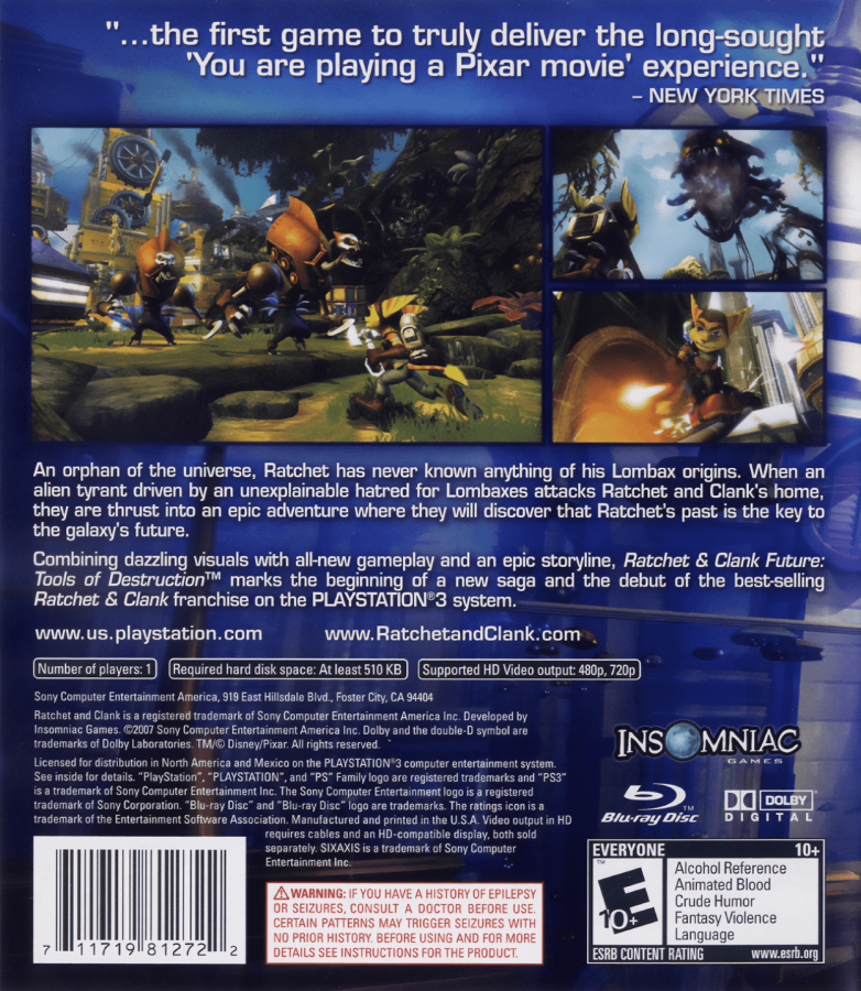 Ratchet & Clank Future: Tools of Destruction back cover art for Playstation 3 (PS3) action-adventure video game
