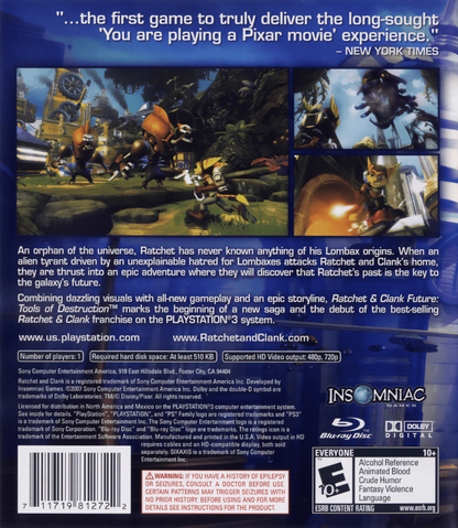 Ratchet & Clank Future: Tools of Destruction back cover art for Playstation 3 (PS3) action-adventure video game