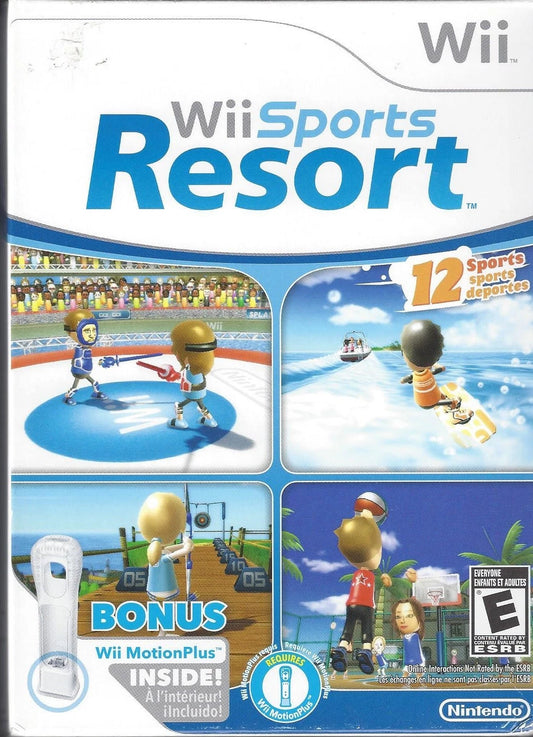 Wii Sports Resort Wii MotionPlus bundle Nintendo Wii video game, complete in box CIB, motion-controlled sports gameplay, family-friendly multiplayer title front cover