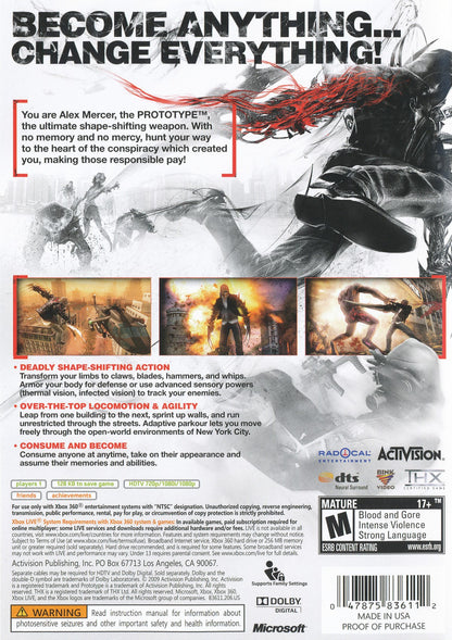 Prototype Xbox 360 open-world action-adventure game with shapeshifting abilities consuming enemies and parkour traversal in a military conspiracy back cover
