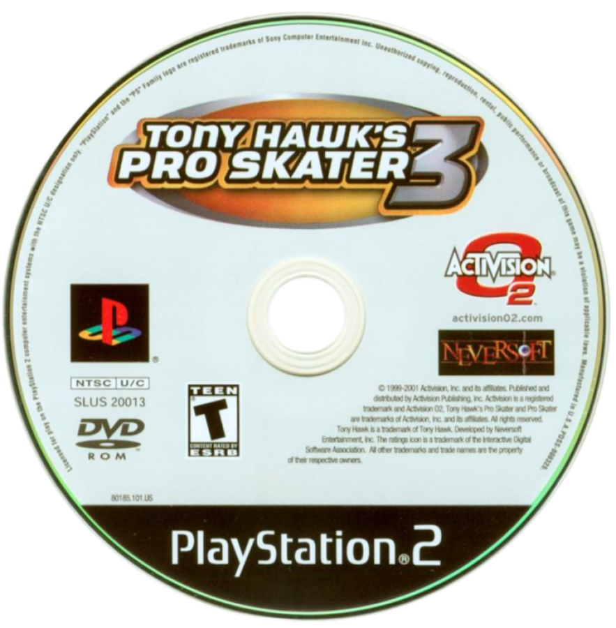 Tony Hawk's Pro Skater 3 – PlayStation 2 (PS2) video game disc, skateboarding sports action.
