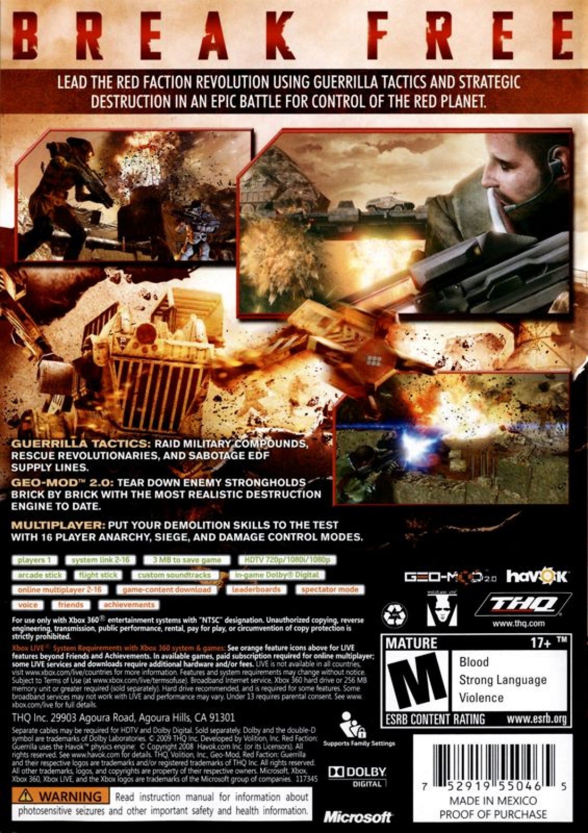 Red Faction: Guerrilla back of case for Xbox 360 (X360) open-world sci-fi third-person shooter video game