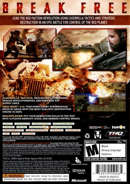 Red Faction: Guerrilla back of case for Xbox 360 (X360) open-world sci-fi third-person shooter video game