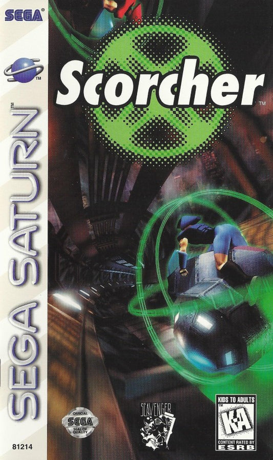 Scorcher Sega Saturn futuristic racing game high speed anti gravity racing tunnel tracks vehicle combat Psygnosis arcade racing sci fi racing gameplay retro Saturn game Sega Saturn software video game title front cover