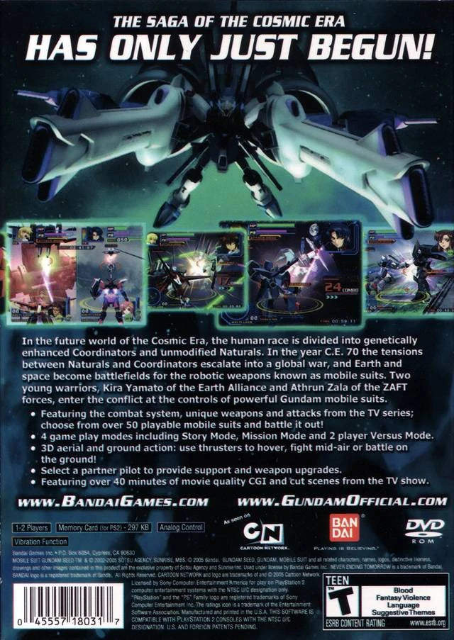 Mobile Suit Gundam Seed: Never Ending Tomorrow back cover art PlayStation 2 (PS2) featuring mecha combat action with iconic Gundam mobile suits and cinematic anime battles.