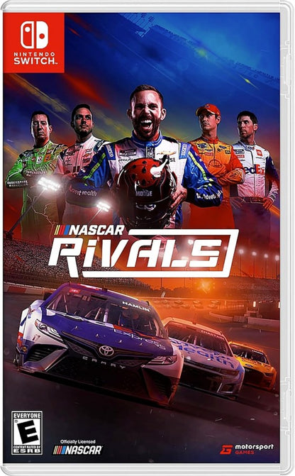 NASCAR Rivals Nintendo Switch inspired design featuring official stock car racing simulation aesthetic high speed oval track competition authentic NASCAR teams and drivers intense multiplayer action championship season gameplay realistic motorsports excitement and immersive racing presentation cover art