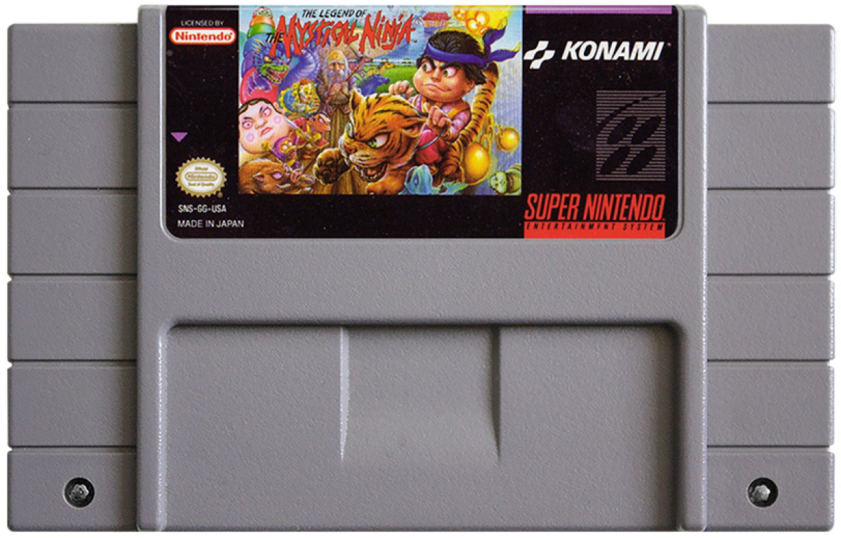 Retro Legend of the Mystical Ninja SNES inspired design featuring classic Konami action adventure aesthetic colorful feudal Japan side scrolling gameplay quirky humor co op battles pixel art exploration nostalgic Super Nintendo presentation cartridge