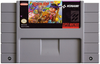 Retro Legend of the Mystical Ninja SNES inspired design featuring classic Konami action adventure aesthetic colorful feudal Japan side scrolling gameplay quirky humor co op battles pixel art exploration nostalgic Super Nintendo presentation cartridge