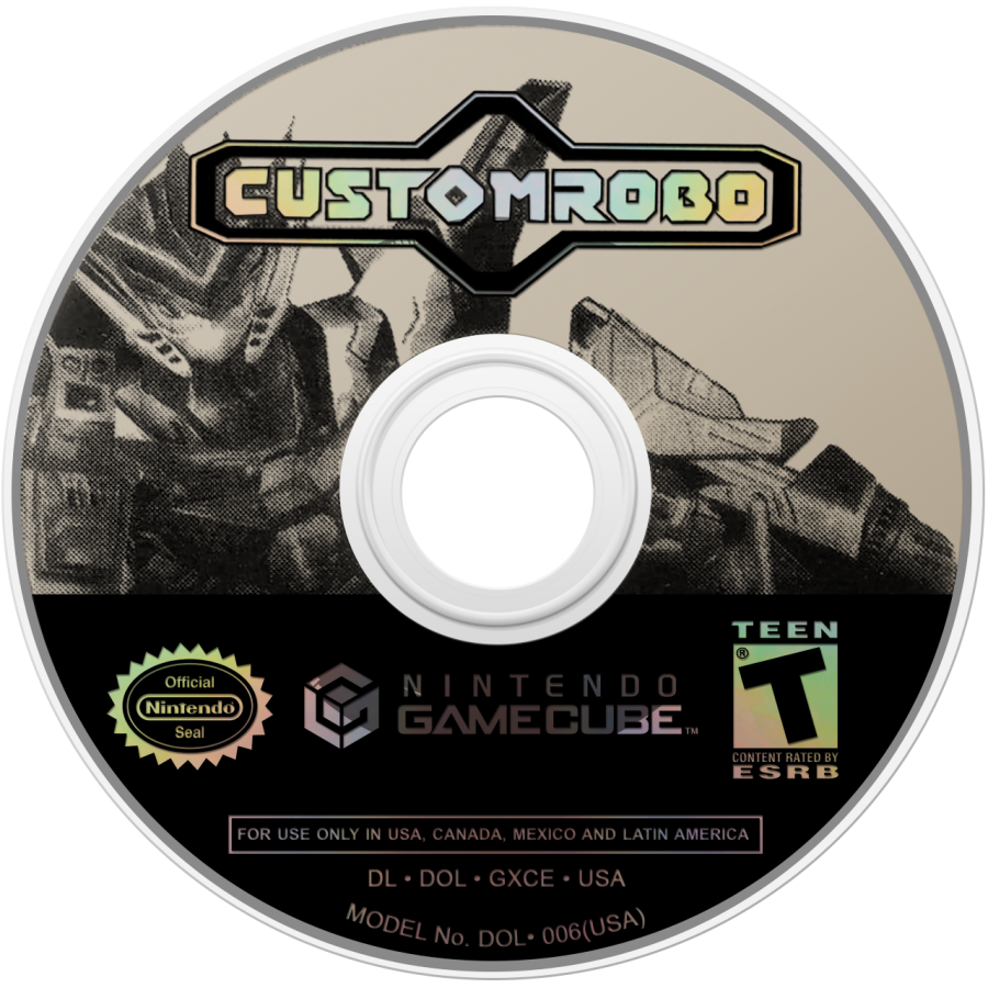 Custom Robo for GameCube, disc for a sci-fi action fighting video game with customizable robots, arena battles, anime-style combat, and multiplayer mech gameplay