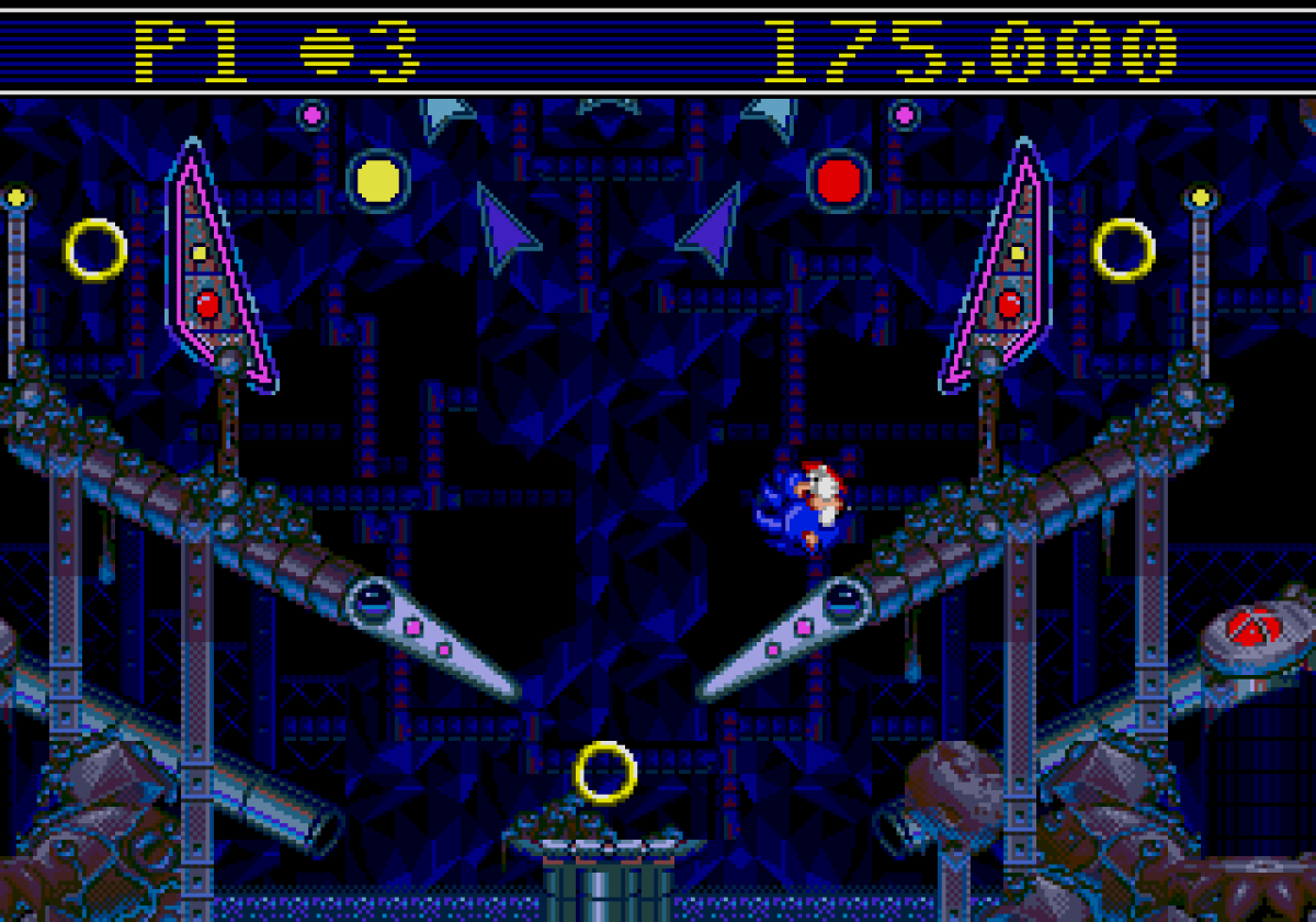 Sonic Spinball Sega Genesis arcade-style pinball game featuring Sonic the Hedgehog in fast-paced action levels gameplay