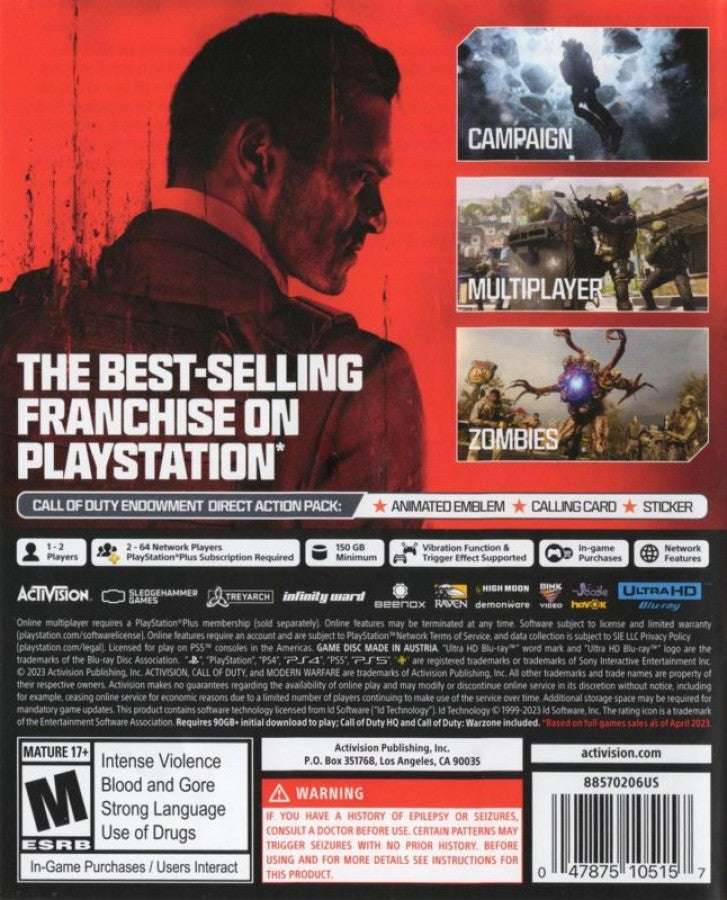 Call of Duty: Modern Warfare III back of box for PlayStation 5 (PS5) first-person shooter video game