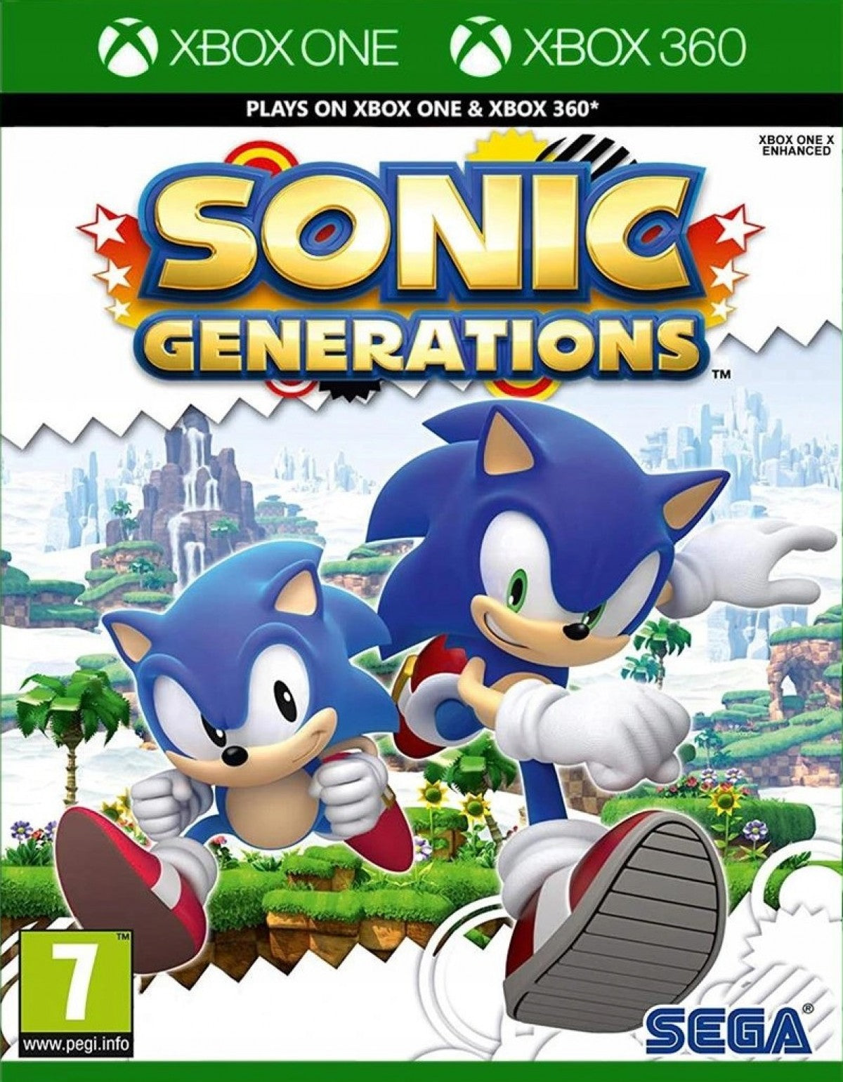 Sonic Generations PAL Import Xbox One XONE video game featuring fast paced action platforming gameplay Sonic the Hedgehog classic and modern Sonic characters high speed running 2D side scrolling stages 3D platforming levels iconic Sonic worlds Dr Eggman boss battles collectible rings time challenges and PAL region import edition retro video game collection collectible gaming appeal cover art