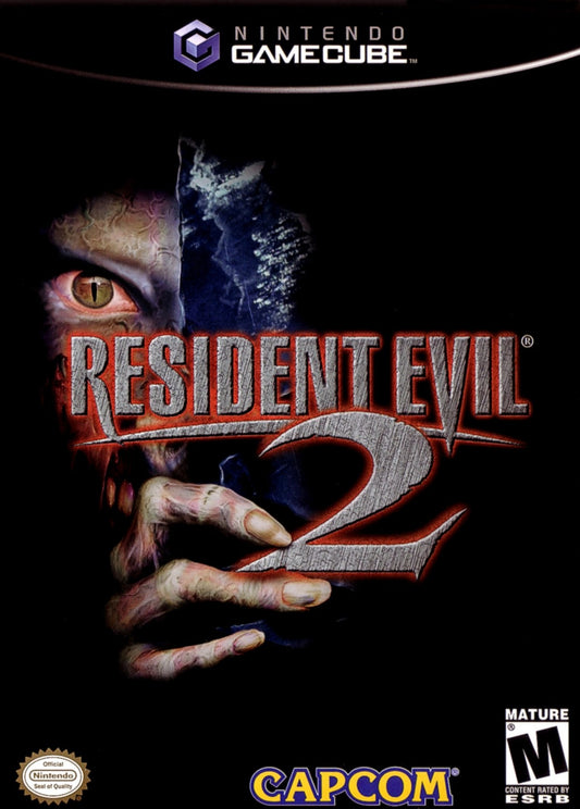 Resident Evil 2 for Nintendo GameCube survival horror game featuring Leon S Kennedy and Claire Redfield zombie outbreak Raccoon City puzzles action gameplay front cover