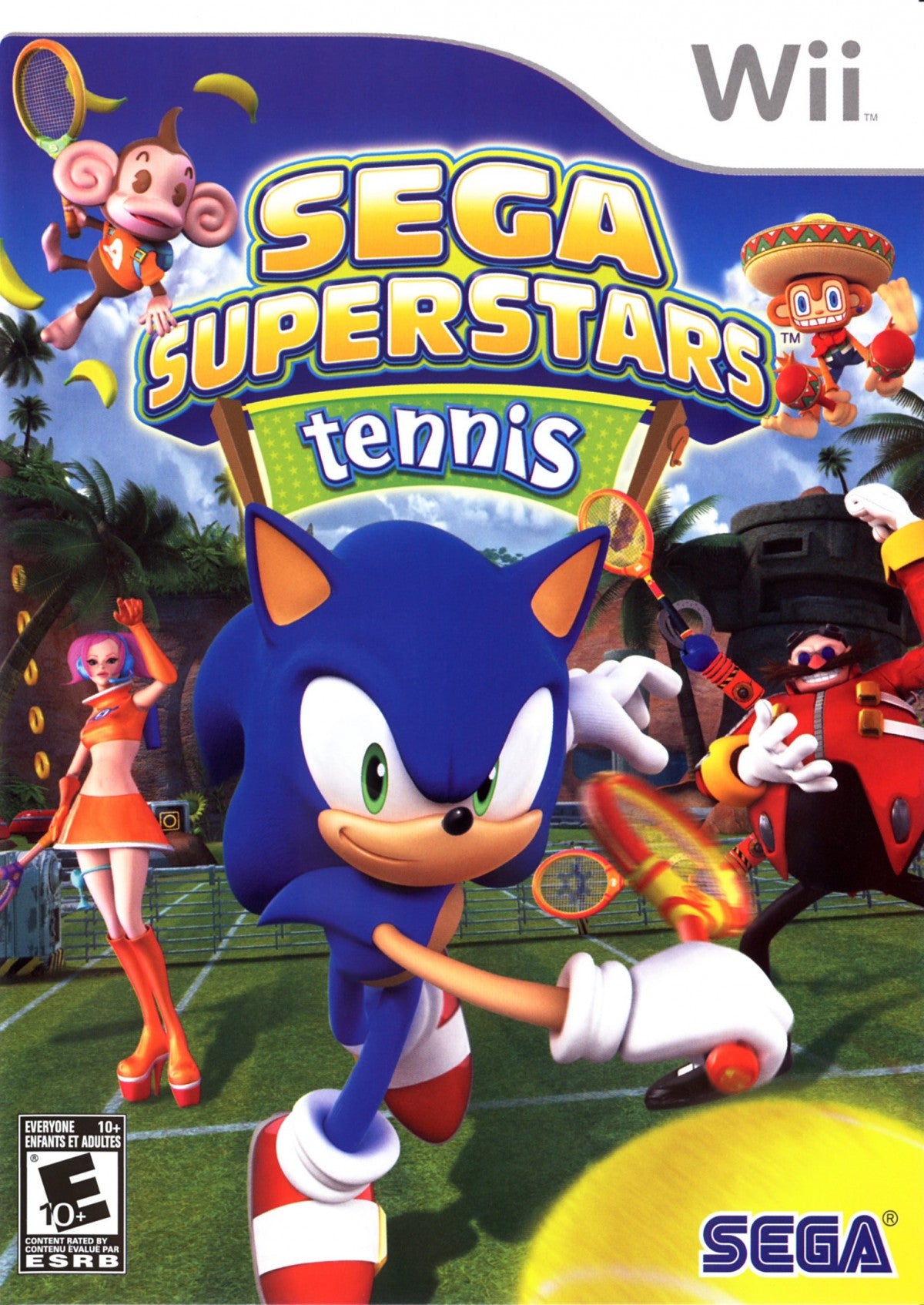 Sega Superstars Tennis Wii inspired design featuring arcade style tennis gameplay aesthetic iconic Sega characters colorful courts motion controlled matches fast paced multiplayer action family friendly sports competition nostalgic Nintendo Wii presentation cover art