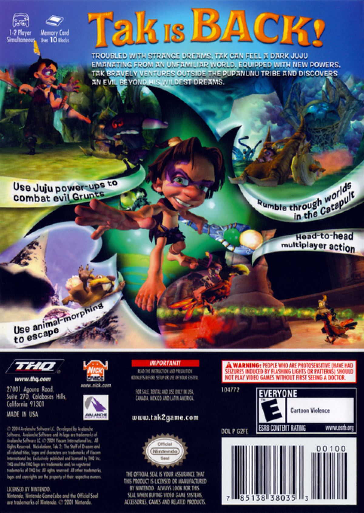 Tak 2 The Staff of Dreams Nintendo GameCube for retro video game enthusiasts featuring action platforming gameplay fantasy adventure missions magical abilities exploration based levels puzzle solving mechanics and collectible gaming appeal back cover