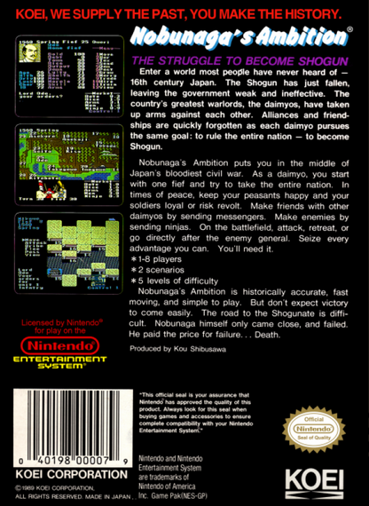 Nobunaga's Ambition back of box for Nintendo Entertainment System (NES) retro video game