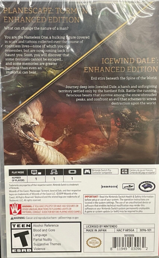 Planescape Torment Enhanced Edition and Icewind Dale Enhanced Edition Nintendo Switch inspired design featuring classic fantasy role playing adventure aesthetic deep storytelling strategic party based combat rich world building legendary quests immersive RPG collection presentation back cover 