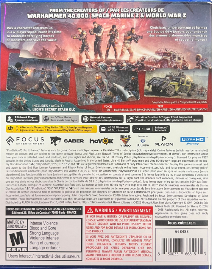 John Carpenter's Toxic Commando PlayStation 5 PS5 for first person shooter action video game fans featuring intense zombie combat explosive weapons chaotic hordes cooperative multiplayer missions fast paced gunplay over the top action and horror inspired gameplay from legendary filmmaker John Carpenter collectible gaming appeal back cover art