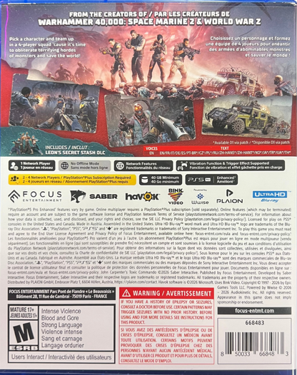 John Carpenter's Toxic Commando PlayStation 5 PS5 for first person shooter action video game fans featuring intense zombie combat explosive weapons chaotic hordes cooperative multiplayer missions fast paced gunplay over the top action and horror inspired gameplay from legendary filmmaker John Carpenter collectible gaming appeal back cover art