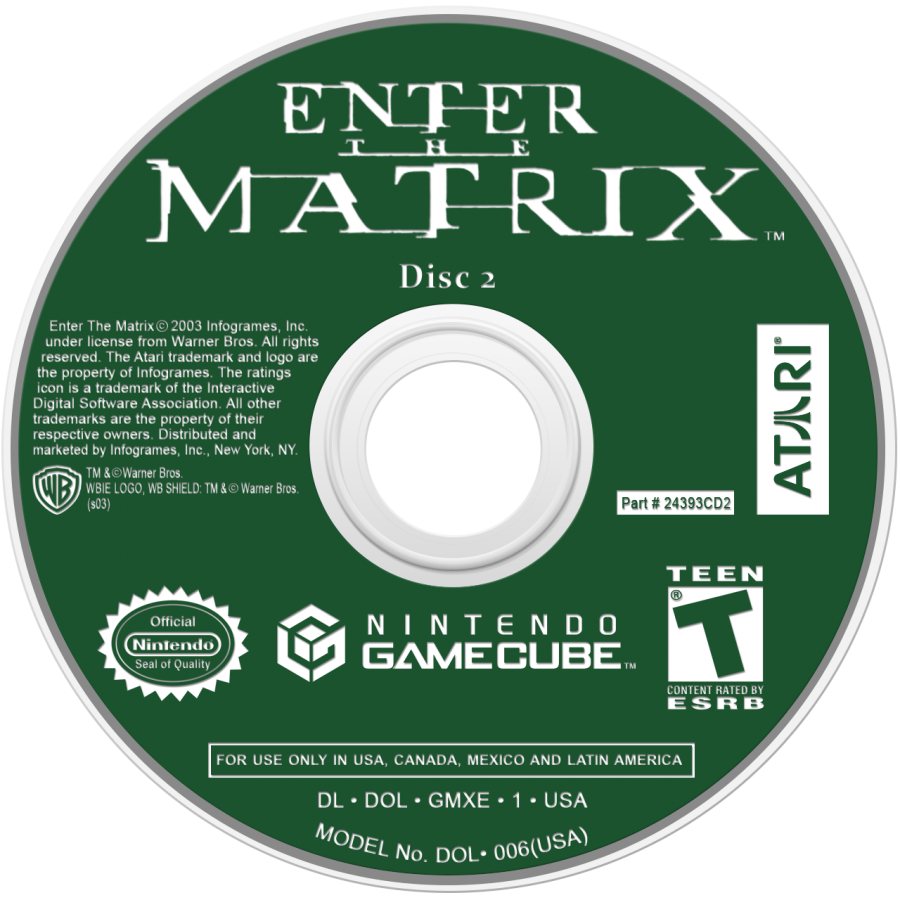 Enter the Matrix Player’s Choice edition game for the Nintendo GameCube featuring action adventure gameplay with martial arts combat gunplay and hacking segments alongside a story that ties into The Matrix Reloaded with cinematic sequences and dual character perspectives disc 2
