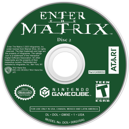 Enter the Matrix Player’s Choice edition game for the Nintendo GameCube featuring action adventure gameplay with martial arts combat gunplay and hacking segments alongside a story that ties into The Matrix Reloaded with cinematic sequences and dual character perspectives disc 2