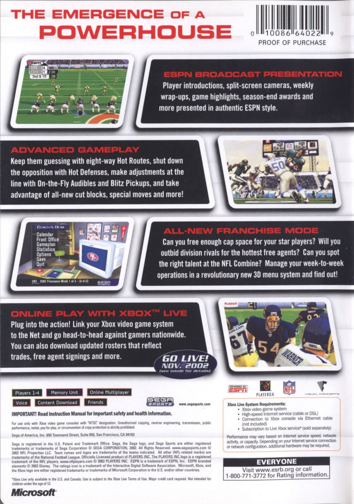 NFL 2K3 Xbox football sports video game Sega Sports simulation with ESPN integration first-person football mode and deep franchise gameplay back cover