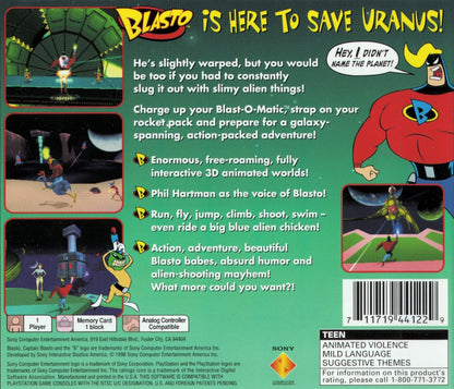 Blasto PlayStation 1 PS1 for third person shooter retro video game fans featuring sci fi action alien invasions explosive combat futuristic weapons humorous gameplay colorful worlds classic PlayStation adventure collectible gaming appeal back of case