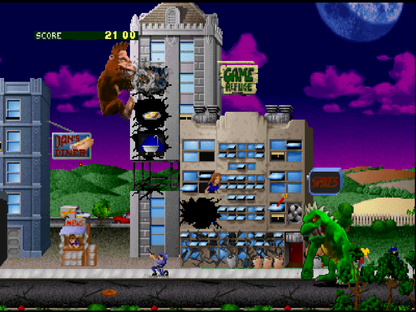 Rampage World Tour cartridge for the Nintendo 64 featuring arcade style destruction gameplay with giant monsters smashing cities battling military forces and cooperative multiplayer chaos across multiple locations gameplay