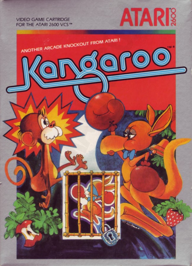 Kangaroo retro Atari 2600 video game featuring arcade platform gameplay, animal themed action, obstacle jumping challenges and classic Atari entertainment - front cover