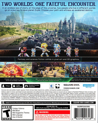 Star Ocean The Second Story R PS5 game featuring remastered HD-2D visuals, real-time action RPG combat, and a classic sci-fi fantasy adventure on PlayStation 5 back cover art