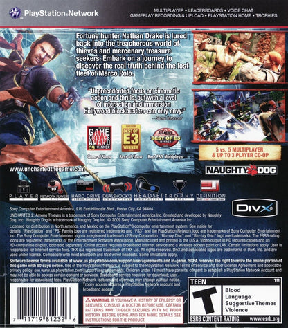 Uncharted 2 Among Thieves Game of the Year Greatest Hits for PlayStation 3, back of case for an action-adventure third-person shooter video game with cinematic storytelling, treasure hunting, platforming, and blockbuster combat gameplay