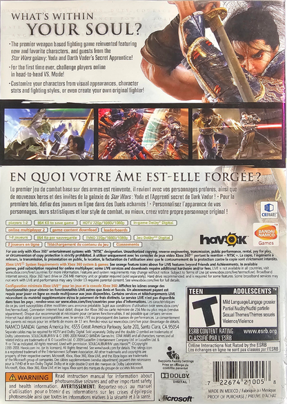Soulcalibur IV Platinum Hits Xbox 360 video game featuring 3D fighting gameplay iconic warriors weapon based combat arcade action character battles special attacks and competitive gameplay Xbox 360 retro video game collection collectible gaming appeal back cover art