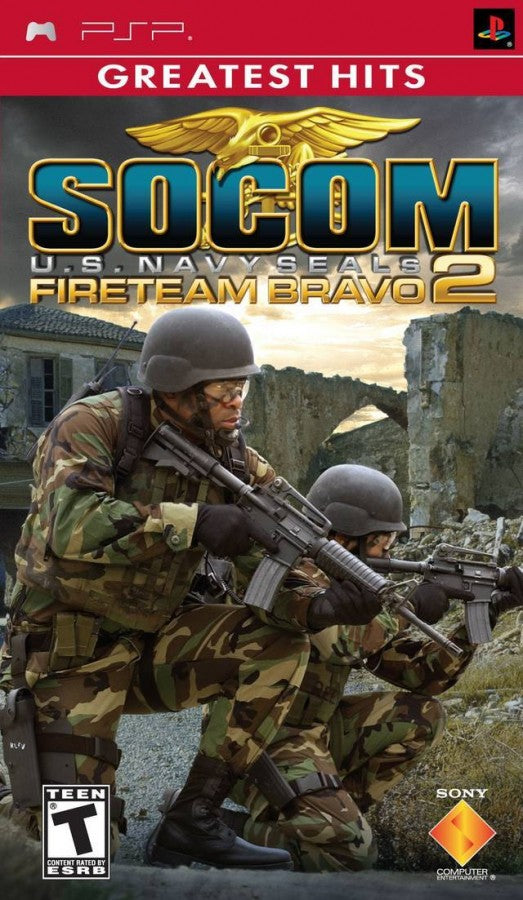 Retro SOCOM US Navy SEALs Fireteam Bravo 2 Greatest Hits PSP inspired design featuring tactical military shooter aesthetic vintage PlayStation Portable special operations combat squad based missions stealth warfare online multiplayer action realistic battlefield gameplay nostalgic handheld shooter presentation front cover