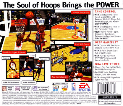 NBA Live 98 basketball simulation game featuring NBA teams and players season mode fast paced gameplay and realistic court action back cover 