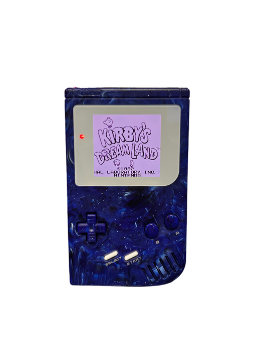 Front view of a custom original Game Boy fitted with a blue replacement shell and an IPS backlit display, showing its screen, D-pad, and button layout.