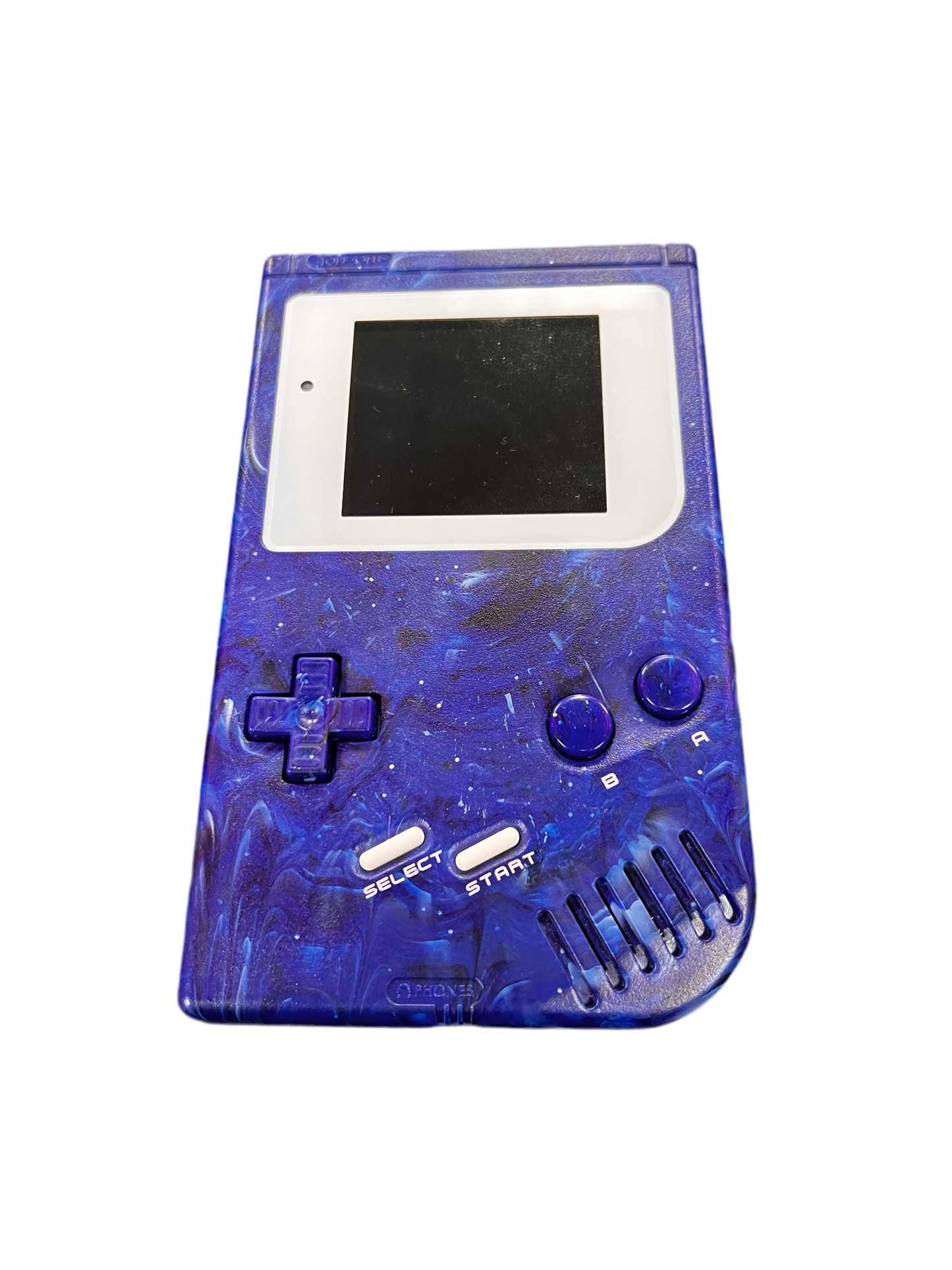 Overhead top-down view of a custom original Game Boy with a blue shell and IPS backlit display, showing the screen, D-pad, and buttons.
