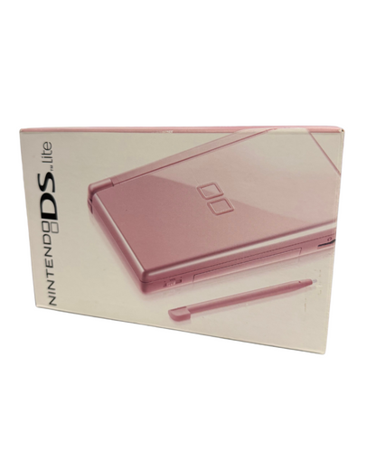 Boxed Nintendo DS Lite in pink, handheld gaming console with original packaging.
