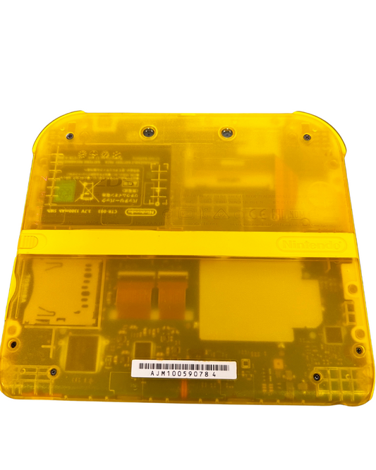 Back view of the Pokémon Yellow Edition Japanese Nintendo 2DS console with bright yellow casing and Pikachu-themed artwork.