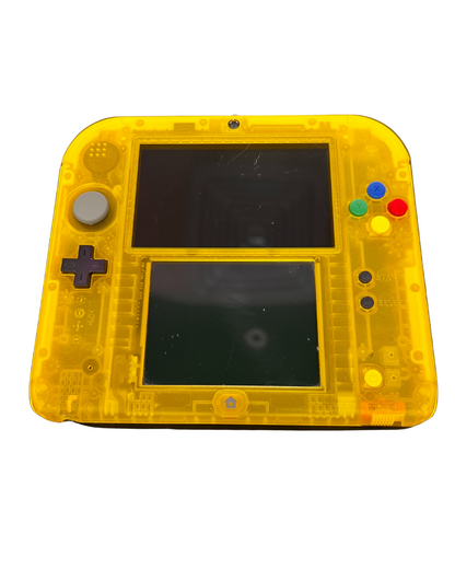 Front view of the Pokémon Yellow Edition Japanese Nintendo 2DS console featuring bright yellow casing, Pikachu-themed design, and standard button layout.