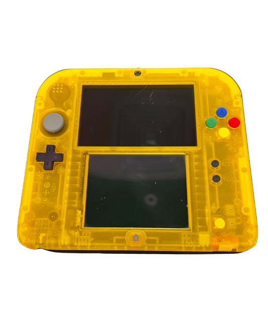Front view of the Pokémon Yellow Edition Japanese Nintendo 2DS console featuring bright yellow casing, Pikachu-themed design, and standard button layout.