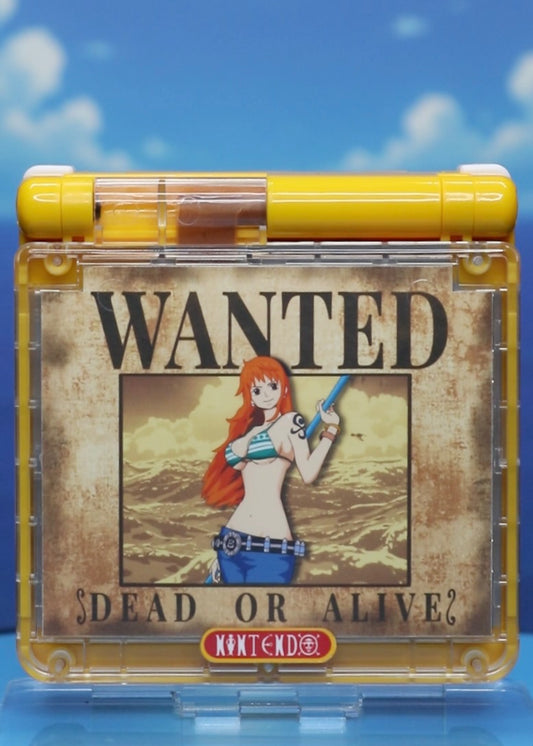 Game Boy Advance SP Custom One Piece Shell Nintendo handheld console with custom One Piece themed shell clamshell design backlit screen rechargeable battery cartridge based portable retro gaming system closed front