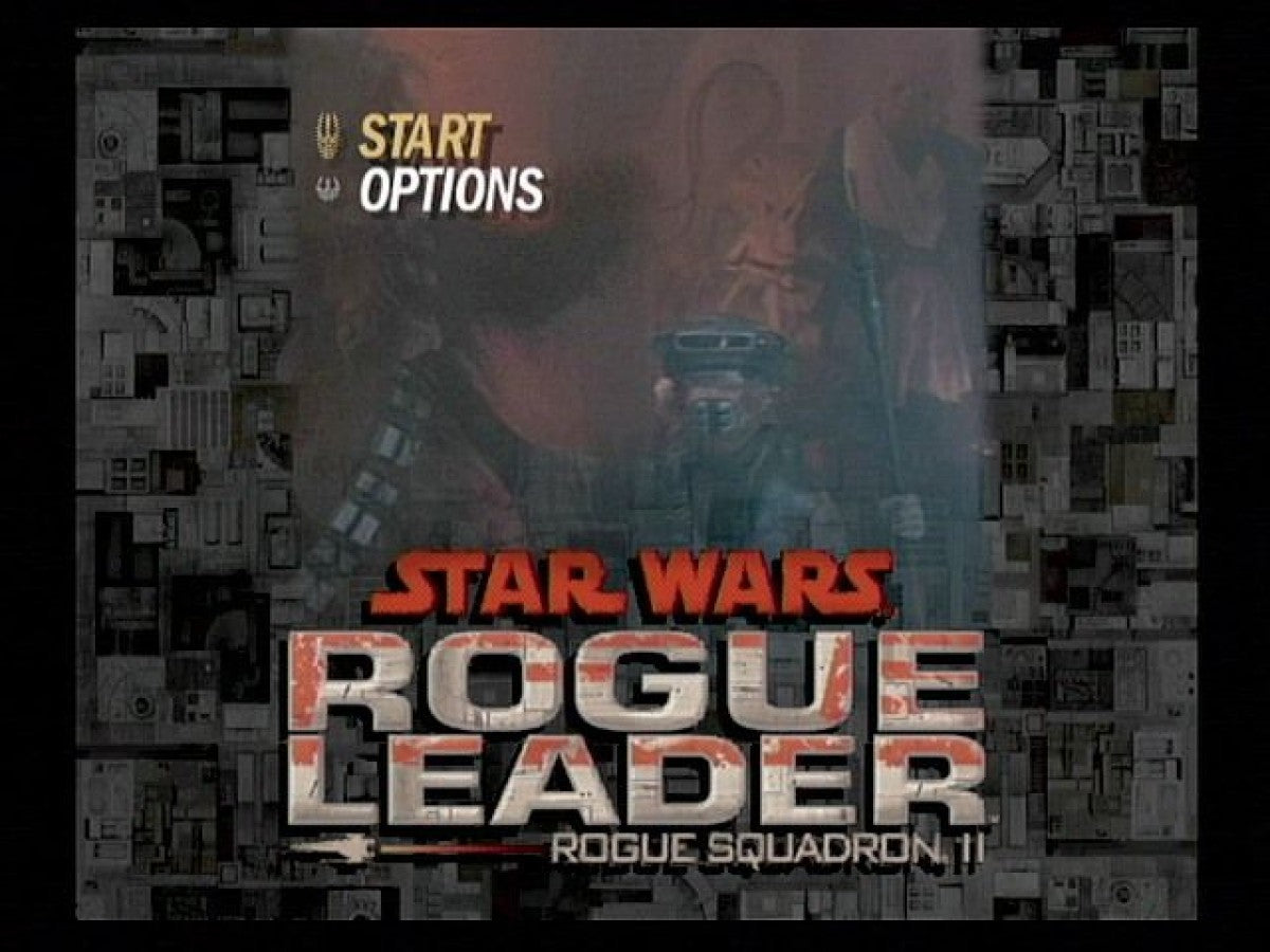 Star Wars: Rogue Squadron II: Rogue Leader start screen for Nintendo GameCube (GC) space combat action video game