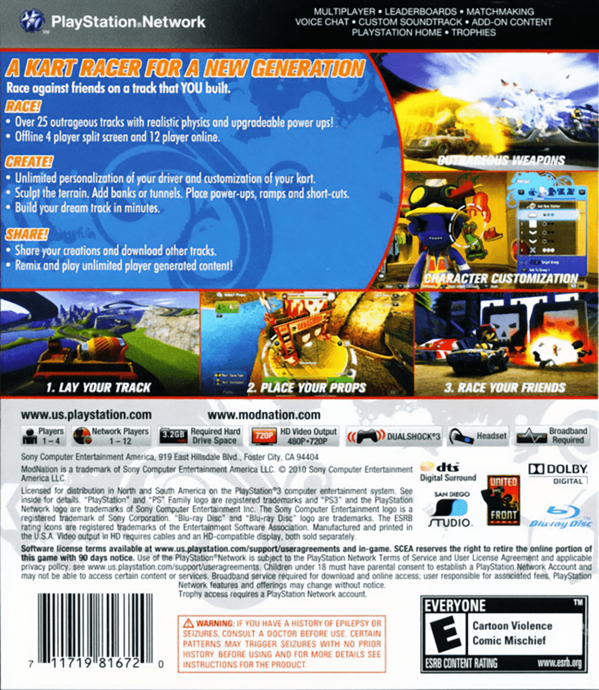 ModNation Racers back cover art for PlayStation 3 (PS3) video game