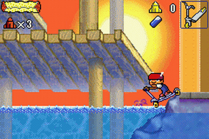 Rocket Power Beach Bandits for Game Boy Advance (GBA), gameplay for a retro video game featuring action-adventure gameplay, extreme sports challenges, character-based missions, and cartoon-inspired beachside exploration