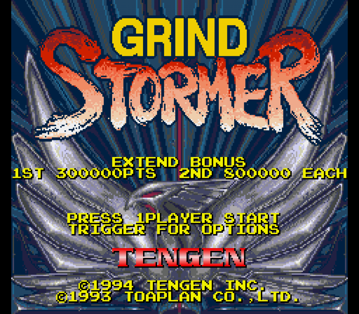 Grind Stormer Sega Genesis GEN video game featuring vertical scrolling shoot em up gameplay futuristic spaceship combat enemy waves power ups weapon upgrades challenging stages intense boss battles and classic 16 bit Sega arcade action retro video game collection collectible gaming appeal gameplay