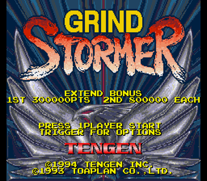 Grind Stormer Sega Genesis GEN video game featuring vertical scrolling shoot em up gameplay futuristic spaceship combat enemy waves power ups weapon upgrades challenging stages intense boss battles and classic 16 bit Sega arcade action retro video game collection collectible gaming appeal gameplay