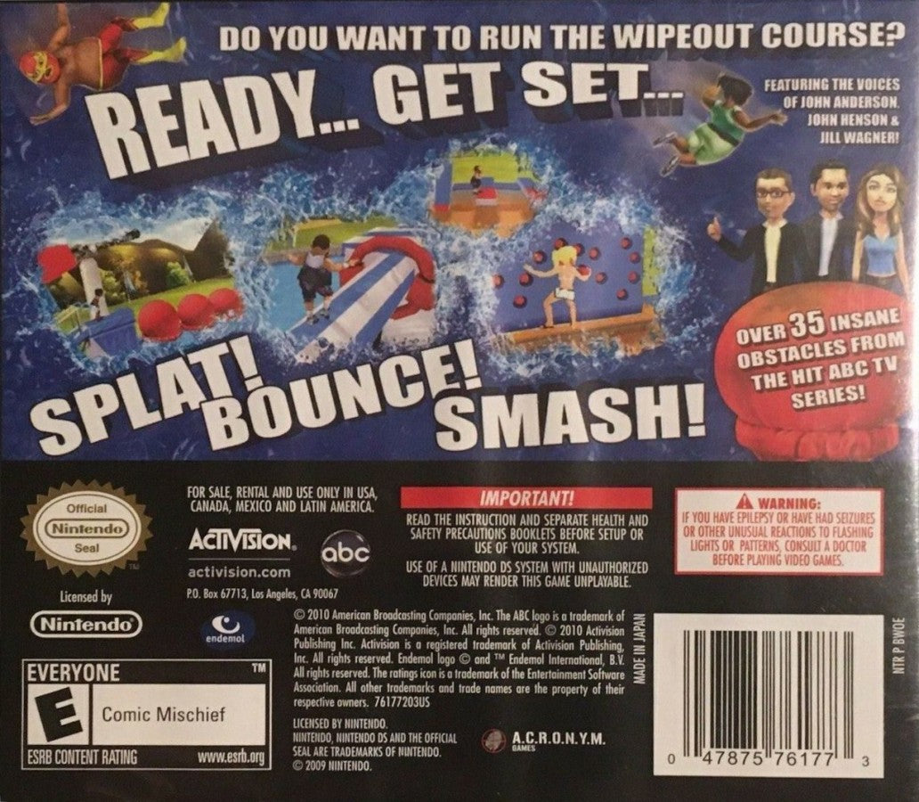 Wipeout The Game for Nintendo DS, back of case for a party action video game with obstacle course challenges, mini-games, multiplayer gameplay, and TV show-inspired competition